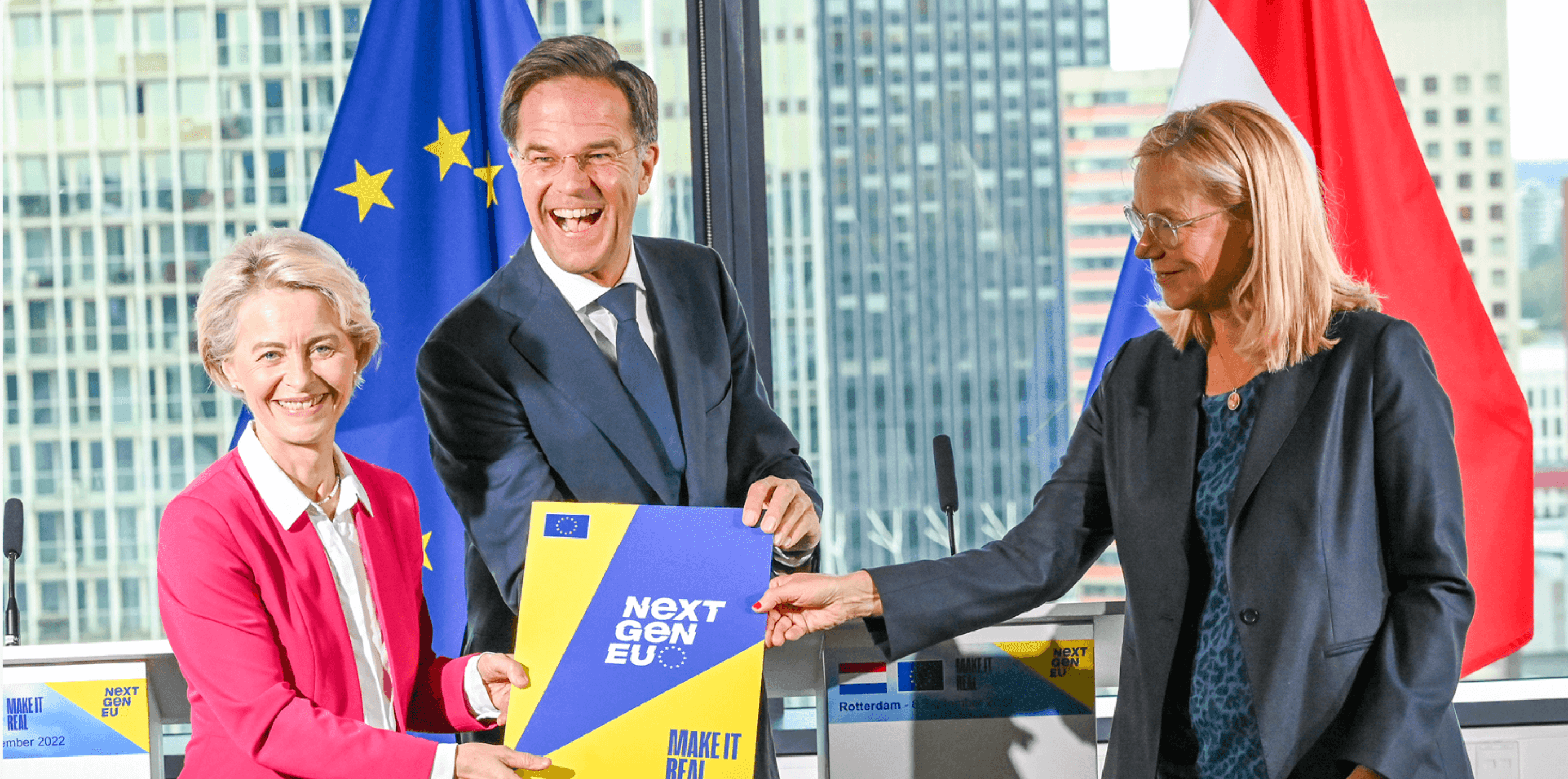 Ursula von der Leyen, Mark Rutte et Sigrid Kaag présentant le plan NextGen (© Union européenne)